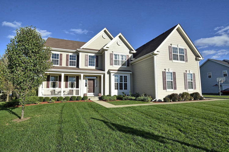 green front lawn in a subdivision in Aurora, illinois.